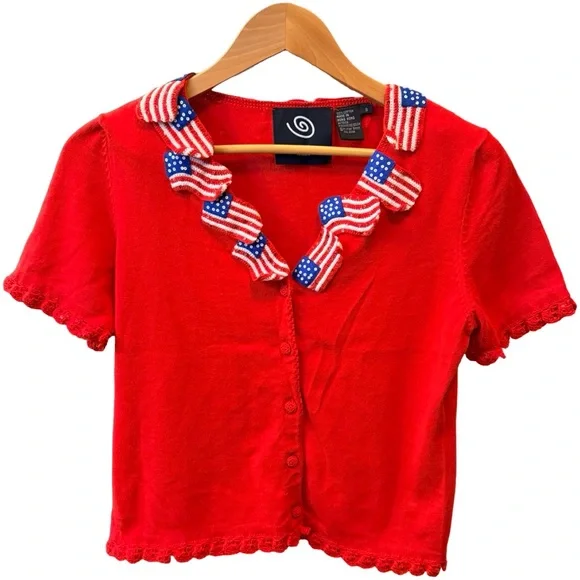 🇺🇸 Vintage Patriotic Flag Cardigan ✨ Sequin Crochet Statement Sweater Size S - Picture 2 of 13